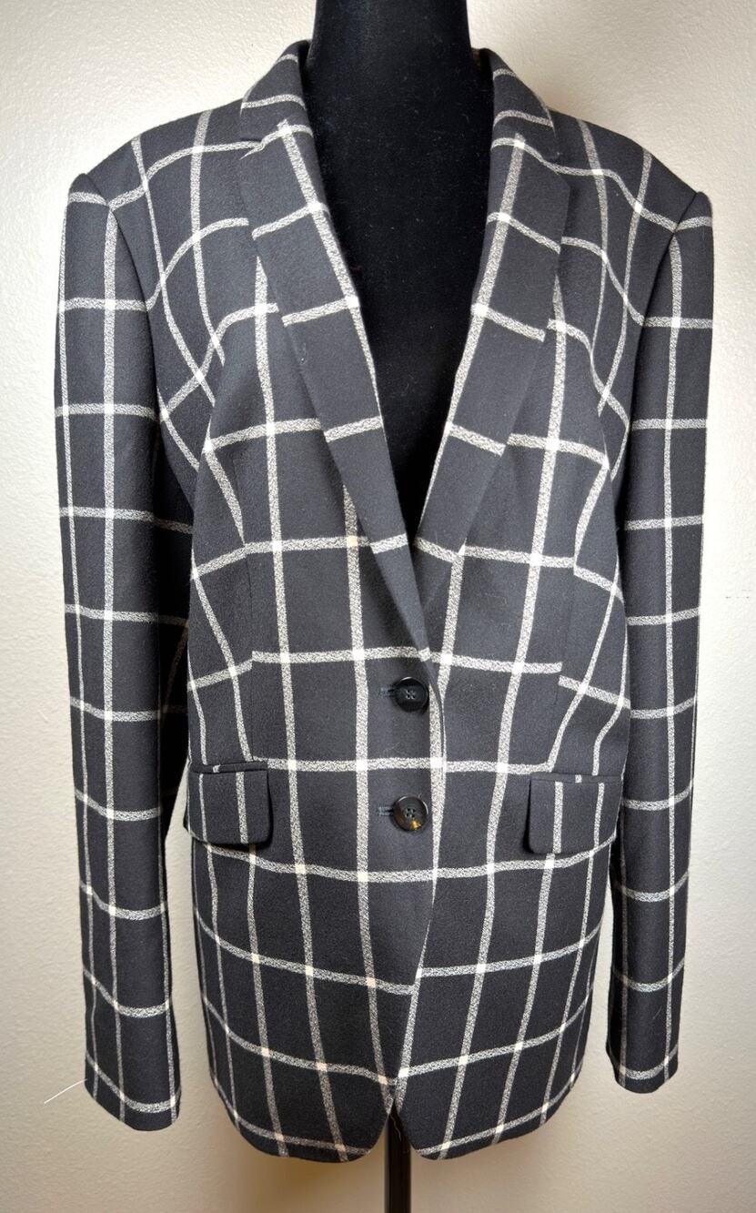 HUGO BOSS Jerima Windowpane Grid Plaid Blazer Jacket Black White Women Two Butto